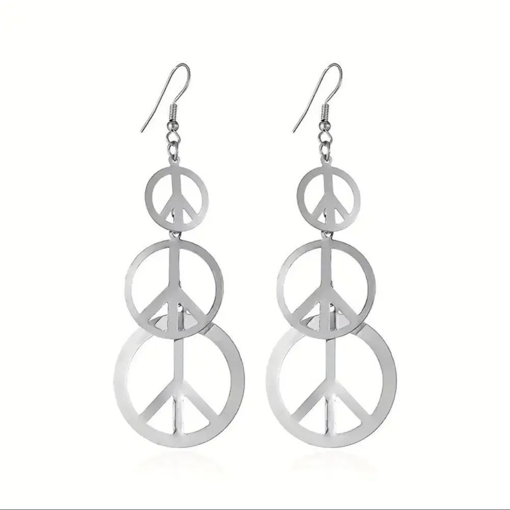 Silver Tone Triple Dangle Peace Symbol Earrings  NWT